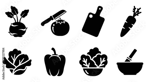 Silhouette icons of fresh vegetables and kitchenware for culinary projects