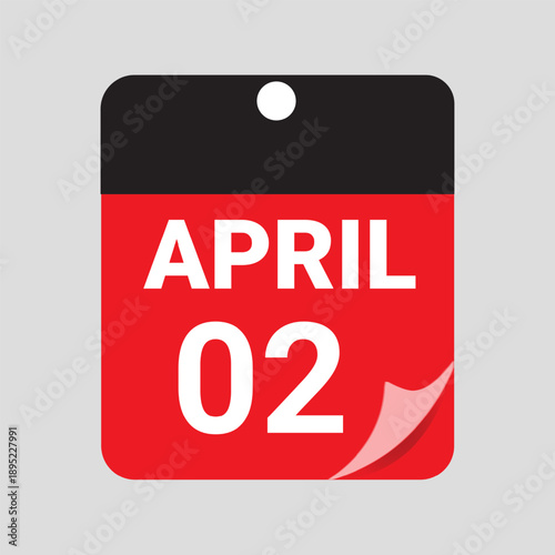 April  02 Calendar Date Icon Vector, Red Daily Calendar Page Illustration