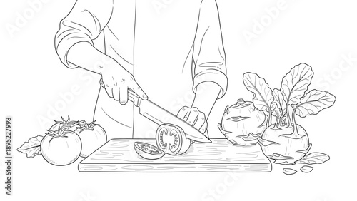 Person slicing vegetables and tomato on cutting board in detailed line art style