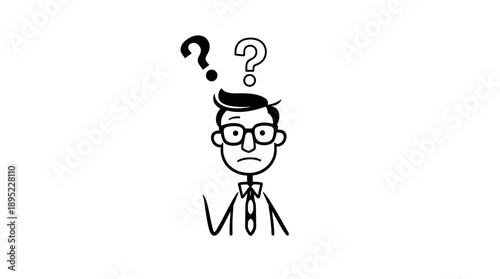 Stick Figure Man with Glasses and Tie Shrugging with Two Question Marks Above Head on Isolated White Background
