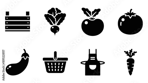 Silhouette garden icons: fresh vegetables and farm tools