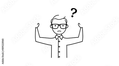 Confused Man with Glasses Shrugging Hands Up and Question Mark, isolated white background