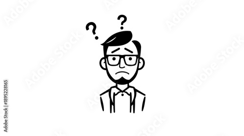 Stressed Man with Glasses and Double Question Marks Over Head, isolated white background