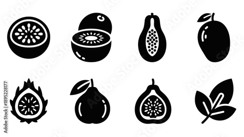 Silhouette icons of exotic tropical fruits and leaves collection