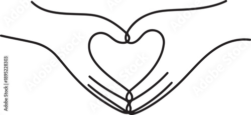 Two hands, one above and one below, protect a heart shape.one line vector illustration with white background.