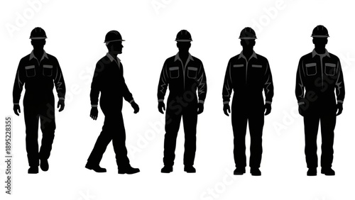 Five men in uniform walking in a row on white background