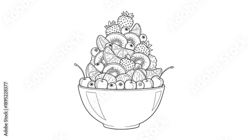 Line art fruit bowl with mixed berries and citrus