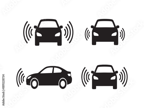 Four black car icons with sound wave illustrations representing parking sensors and automotive technology