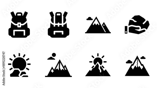 Adventure travel icons: backpacking, hiking, mountain, nature silhouettes