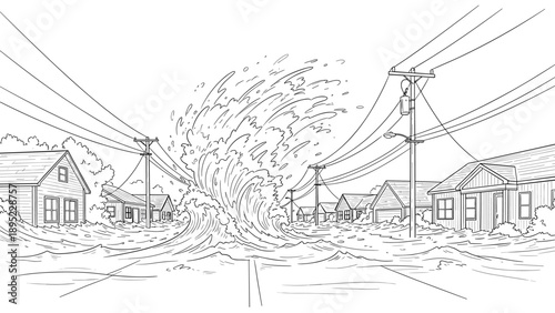 Monochrome line art: dramatic wave flooding suburban street with overhead power lines