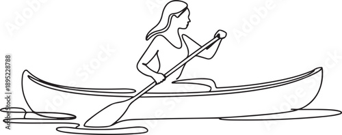Woman rowing a canoe .one line vector illustration with white background.