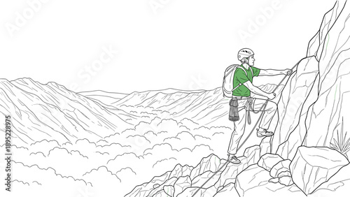 Adventurous rock climber in mountain landscape sketch with green shirt