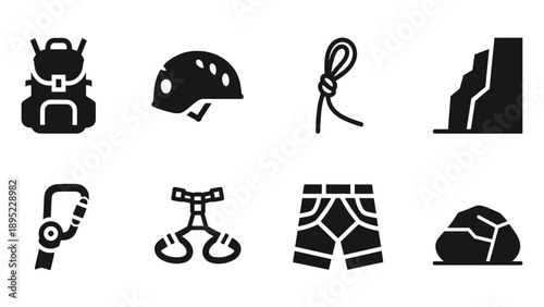 Minimalist climbing gear icons: backpack, helmet, rope, cliff, carabiner, harness, shorts, boulder