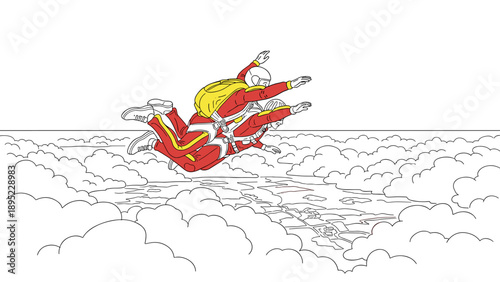 Tandem skydivers soaring above clouds in dynamic linear style