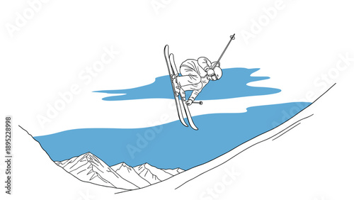 Dynamic skiing stunt on snowy mountain with blue sky background