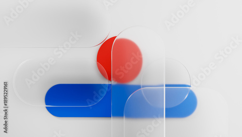 Translucent glass layers with red and blue shapes creating a modern background