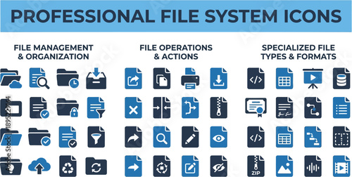 Modern File Management UI Icons for File Operations, Formats and Storage Systems