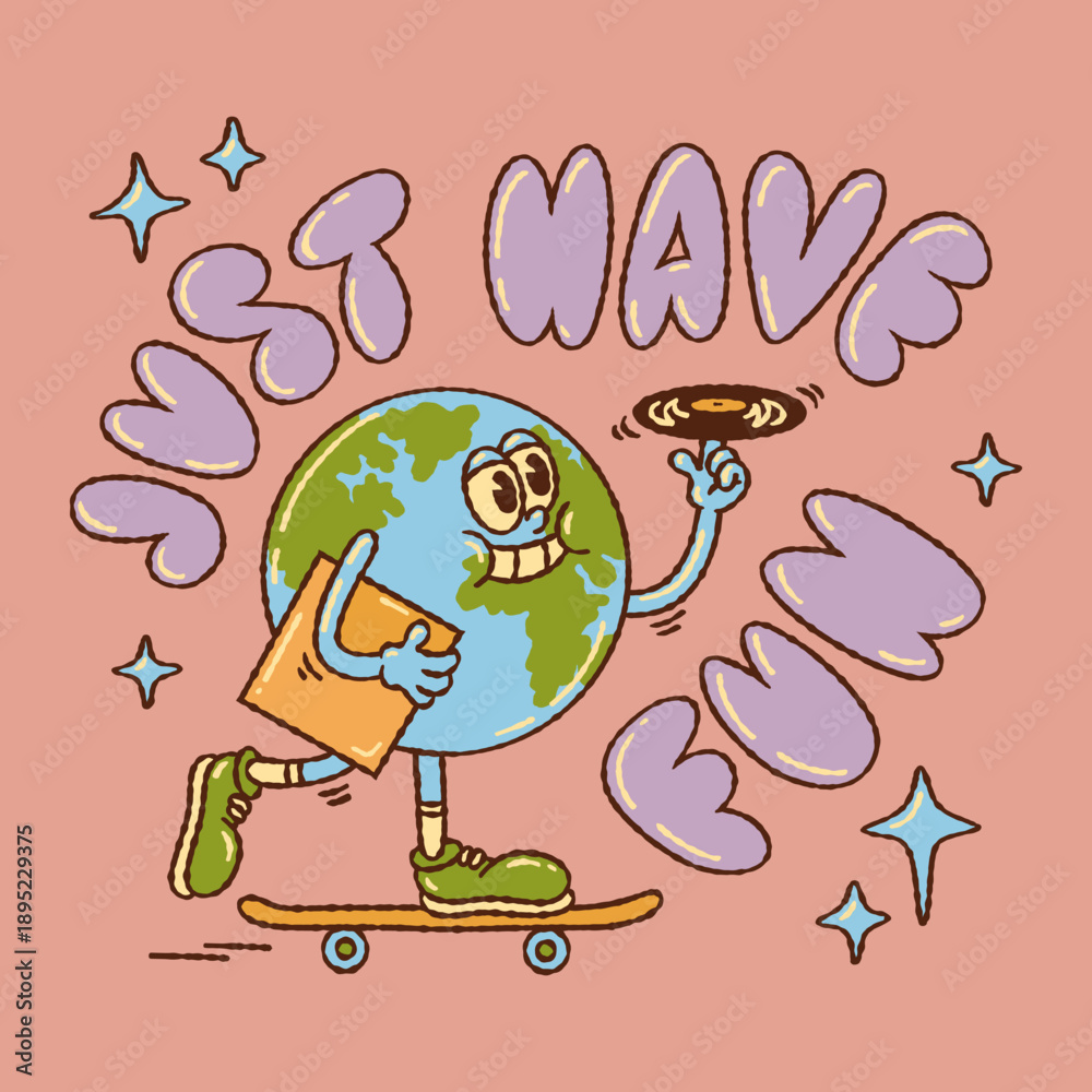 Fototapeta premium Colorful hand-drawn Earth character skateboarding and spinning a vinyl record with Just Have Fun lettering. Playful retro vector for posters, merch, stickers and music lifestyle design.