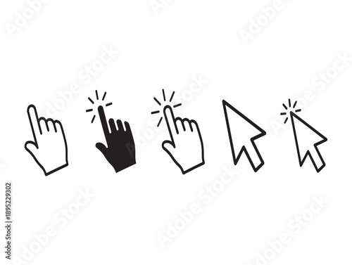 Set of hand cursors in various styles and states indicating clicking and selection options