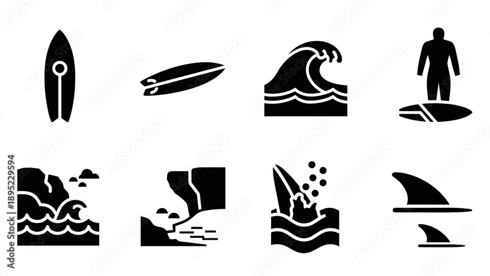 Φωτογραφία Surfing icons set: minimalist black silhouettes of waves, boards, and ocean scen