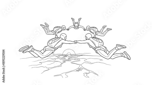 Team skydiving formation in linear drawing over sunset landscape