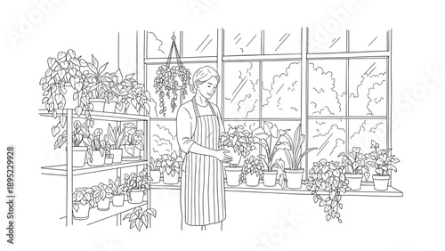 Peaceful greenhouse: woman tending to indoor plants in a sunlit urban sanctuary