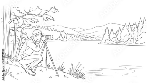 Nature photography line art: photographer at lakeside with mountain view