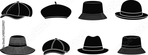 Collection of various hat silhouette vector illustrations featuring classic headwear styles like berets, fedoras, and bucket hats for fashion and apparel projects.
