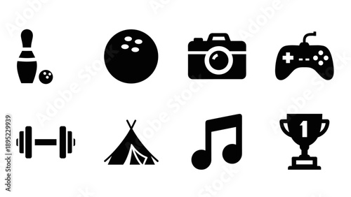 Recreational activities icon set: bowling, gaming, photography, camping, fitness, and music