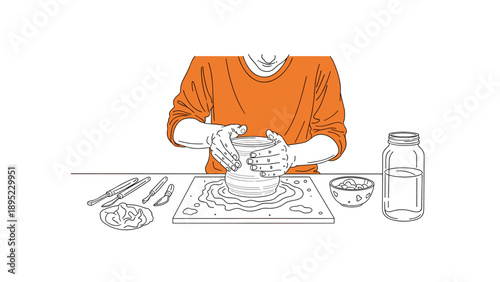 Creative pottery crafting scene with man shaping clay on wheel in linear art style