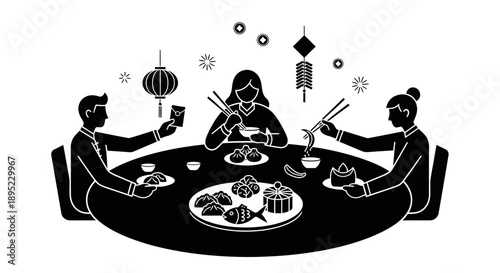 Three People Eating Asian Food Together.