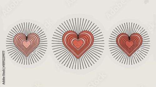 Three Hearts with Sunburst Rays on a Light Background traced compassion