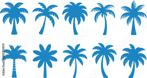 Ten distinct blue palm tree silhouettes are displayed on a clean white background