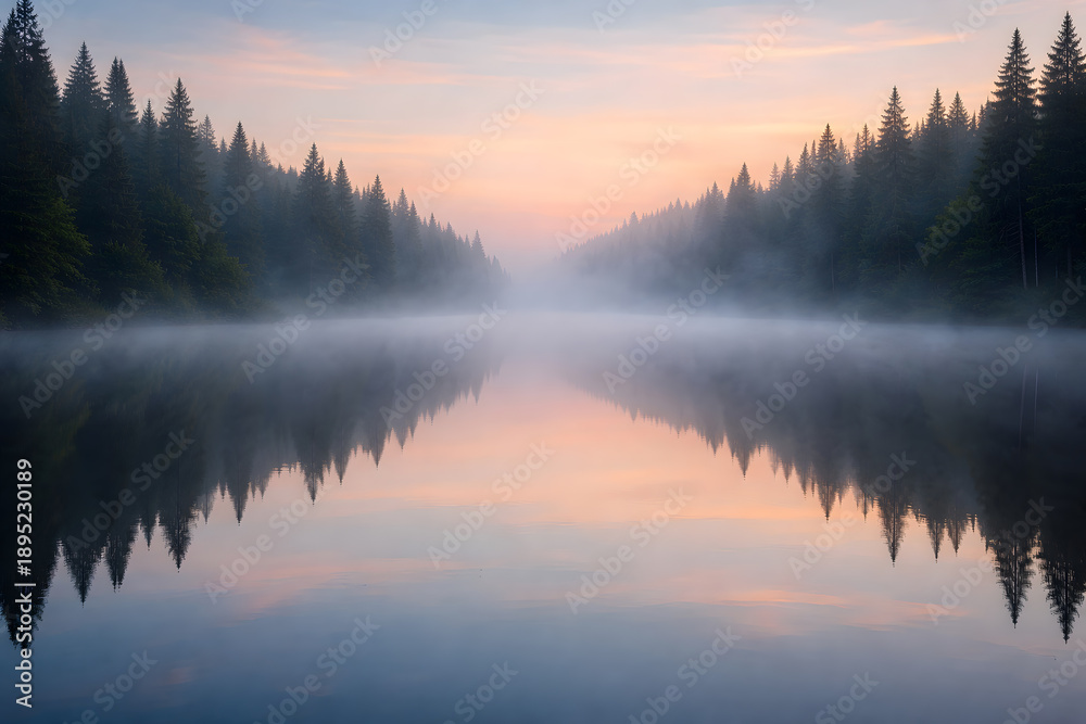 Fototapeta premium Misty lake reflection at sunrise with pine trees