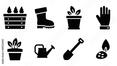 Gardening icon set: plant care tools and symbols in silhouette style