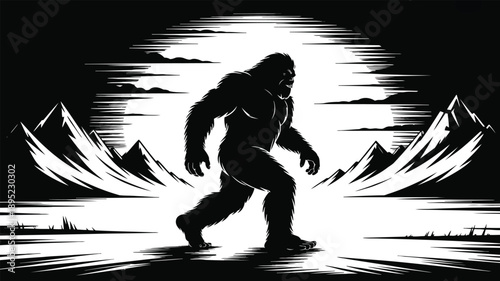 The mysterious Bigfoot walks through a textured landscape beneath a large sun with dramatic clouds