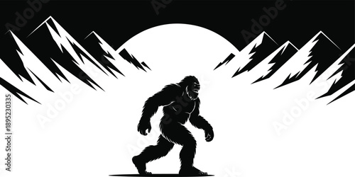The legendary Bigfoot creature walks forward as a dark silhouette against sunlit mountain ranges