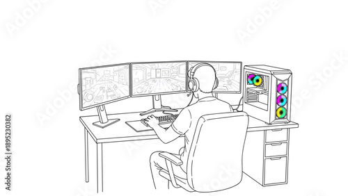 Gamer with headset at multi-screen setup in linear style
