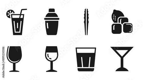 Set of silhouette cocktail icons featuring glasses and bar tools