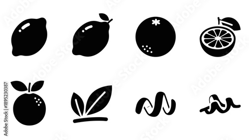 Silhouette citrus icons with leaves and slices for food and drink design
