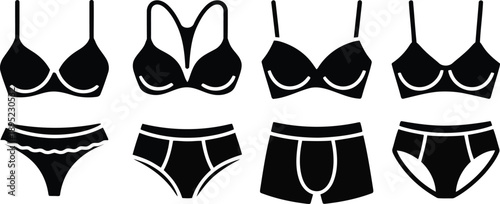 This collection features black silhouette icons representing diverse womens bras and a variety of mens and womens underwear