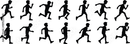 Collection of young boy running silhouette vector illustrations featuring a small child in various active sprinting and jogging poses for sports.