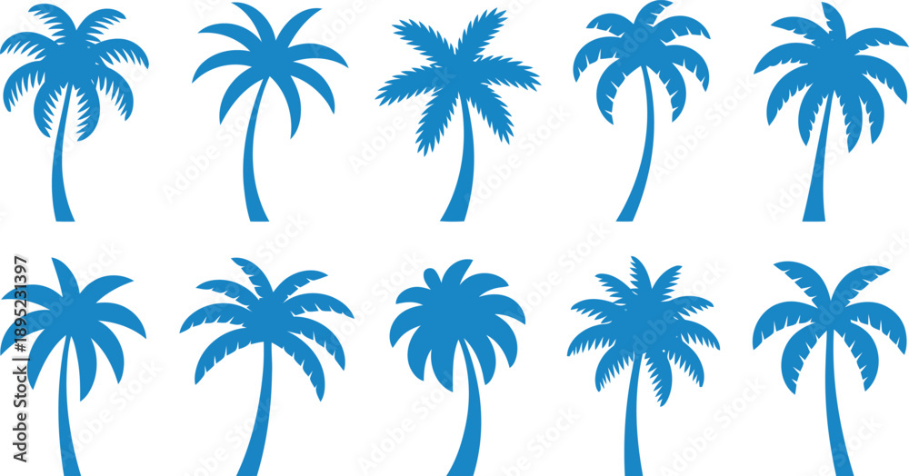 Fototapeta premium Various blue palm tree shapes are arranged neatly on a bright white background