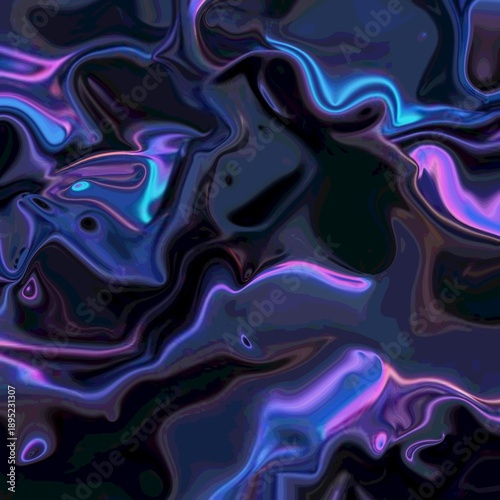 Abstract pattern of glossy, swirling liquid texture in neon purple, blue, and magenta hues against a dark background, evoking a holographic or iridescent effect.