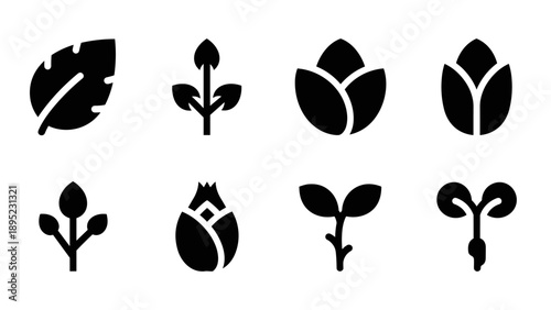 Nature silhouette icons: collection of simple plant symbols