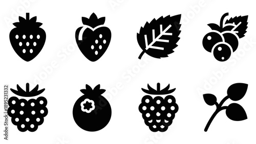 Silhouette icons of various berries and leaves in bold black design