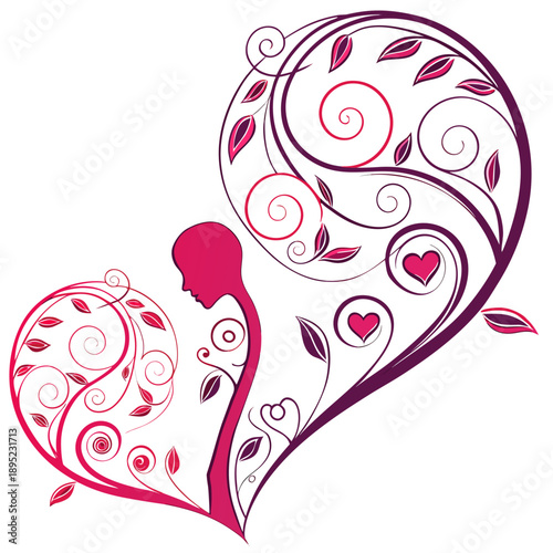 Two fluid abstract swirls touch at their core, forming a stylized heart shape with a vibrant energy, representing passionate connection.