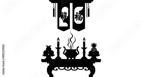 Traditional Chinese Tea Ceremony Setup Silhouette.