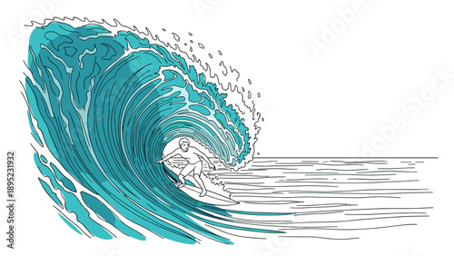 Dynamic surfing adventure captured in minimal line art on a giant wave