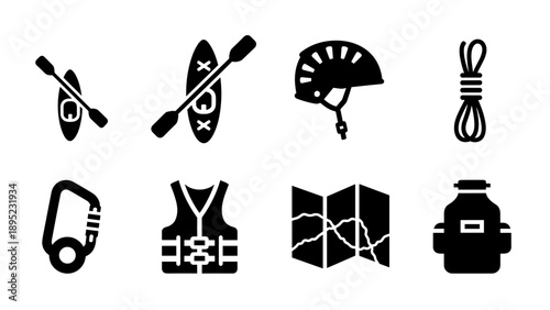 Essential paddling gear icons: kayaking equipment in modern silhouette style
